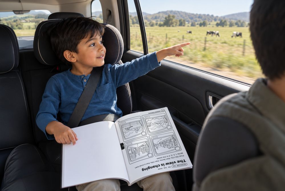A boy in a car seat points out the window with his activity book open