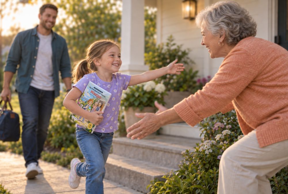 A girl runs to hug her grandmother on the front steps, holding her book