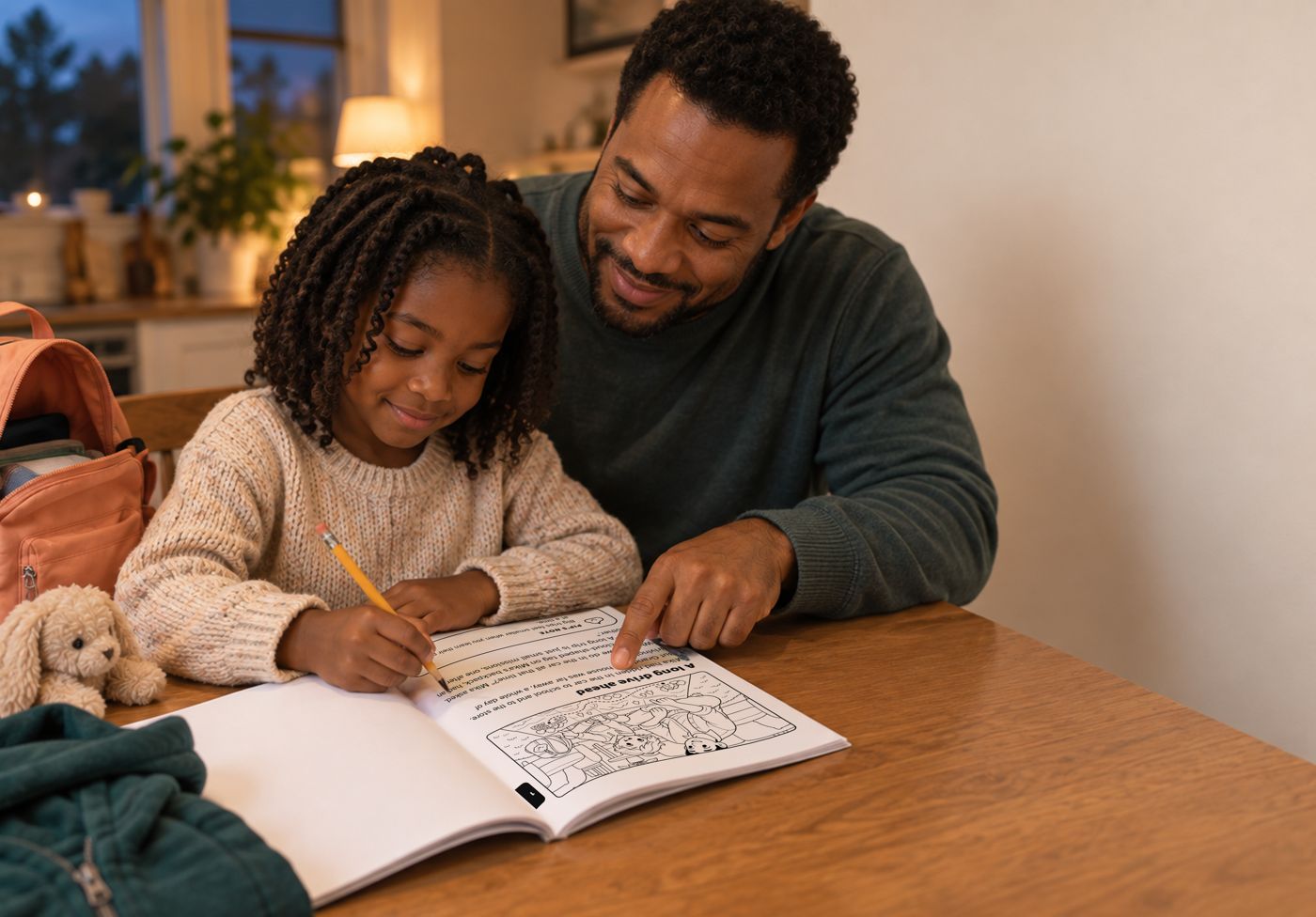 A dad and daughter work on an activity book together at the kitchen table