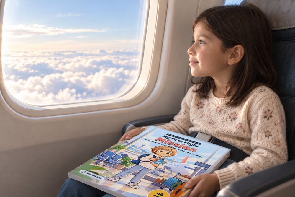 A girl draws in an activity book at her airplane window seat